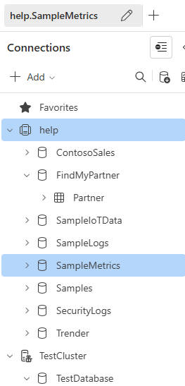 Snímek obrazovky s podoknem připojení clusteru Azure Data Exploreru U zobrazující ukázkové databáze a tabulky ve stromovém diagramu