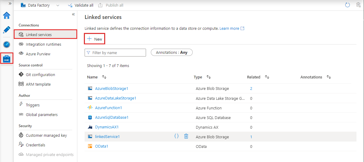 Zobrazuje kartu Správa studia Azure Data Factory s propojenými službami a zvýrazněným tlačítkem Nový.