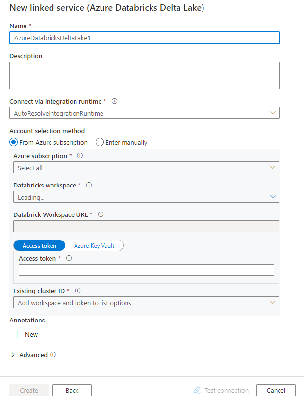 Snímek obrazovky s konfigurací propojené služby Azure Databricks Delta Lake