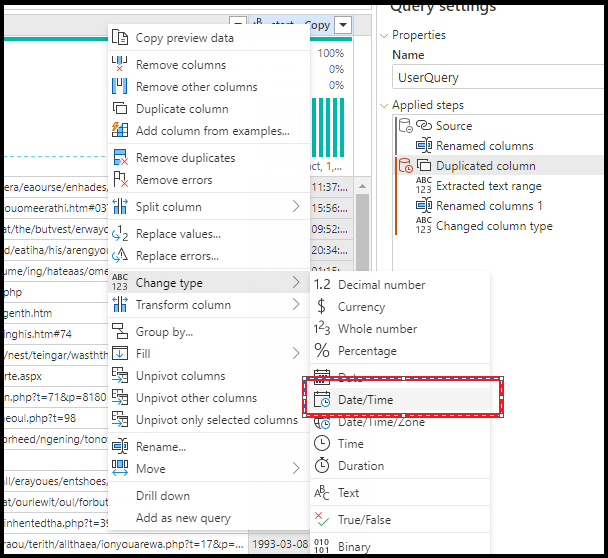 Typ změny Power Query