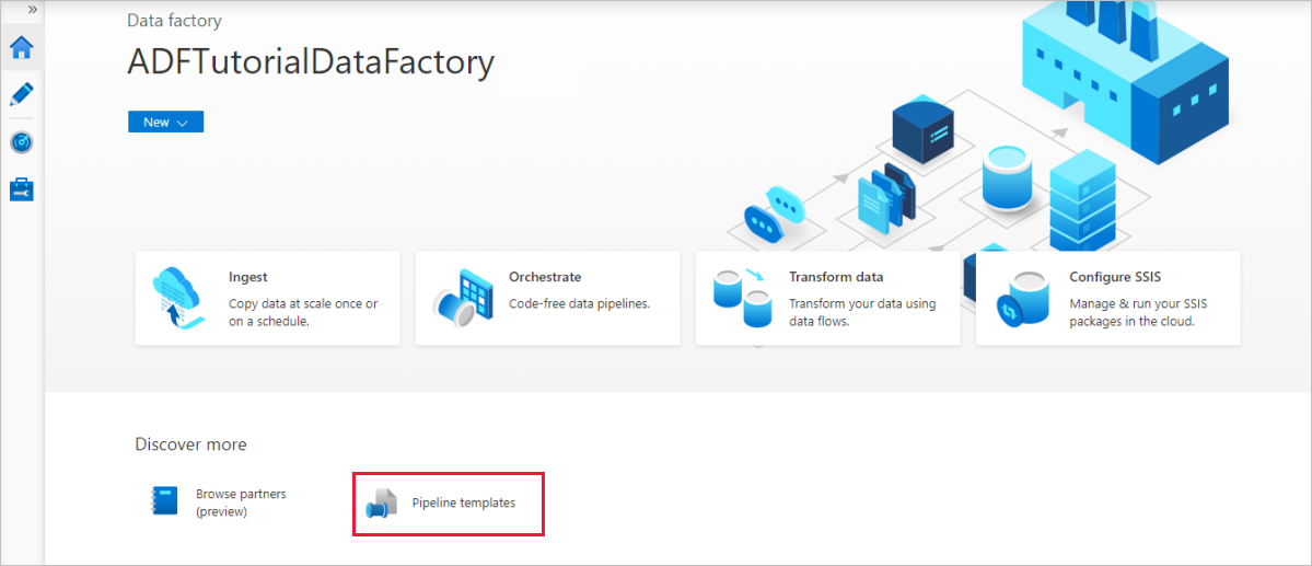 Snímek obrazovky znázorňující, jak otevřít galerii šablon z domovské stránky služby Data Factory