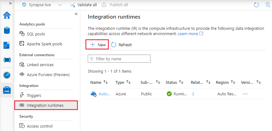 Vytvoření prostředí Integration Runtime