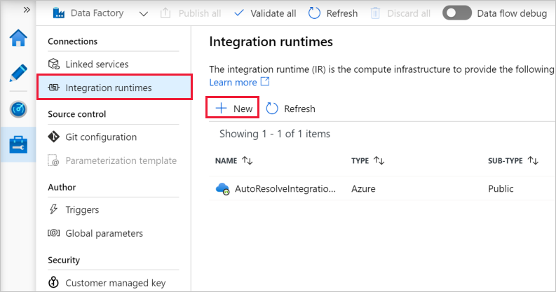 Vytvoření prostředí Integration Runtime