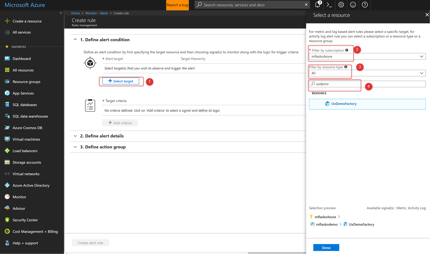 Screenshot that shows the selections for opening the pane for choosing a resource.