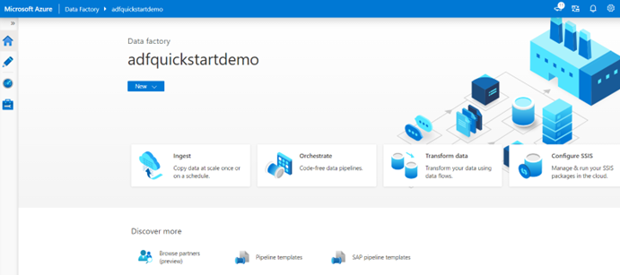 Zobrazuje snímek obrazovky s domovskou stránkou nástroje Azure Data Factory Studio.