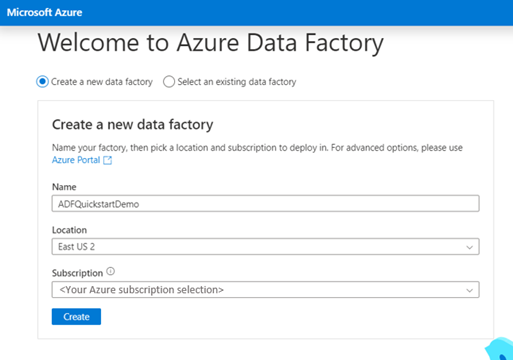 Zobrazuje snímek obrazovky se stránkou Azure Data Factory Studio pro vytvoření nové datové továrny.