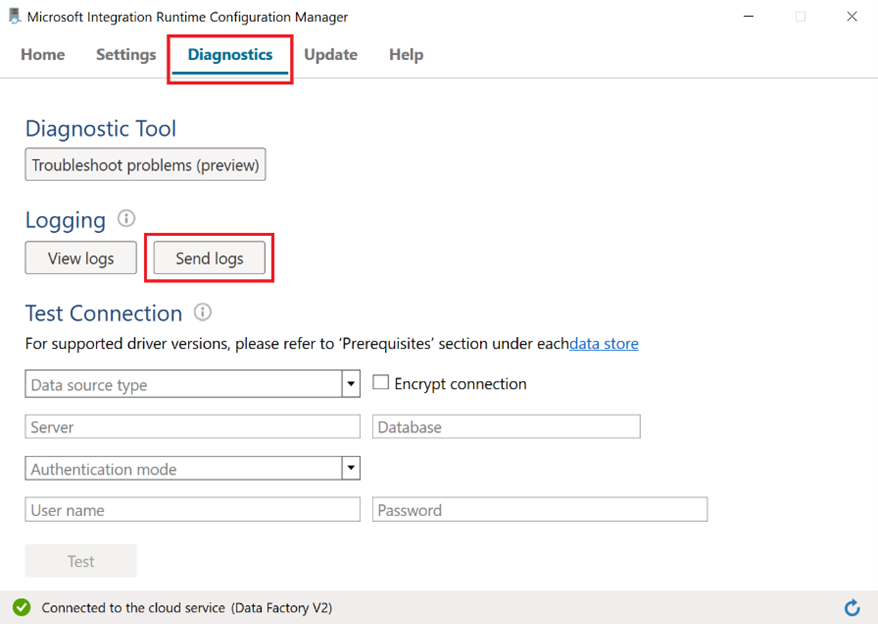 Snímek obrazovky s kartou Diagnostika nástroje Integration Runtime Configuration Manager se zvýrazněnou možností Odeslat protokoly