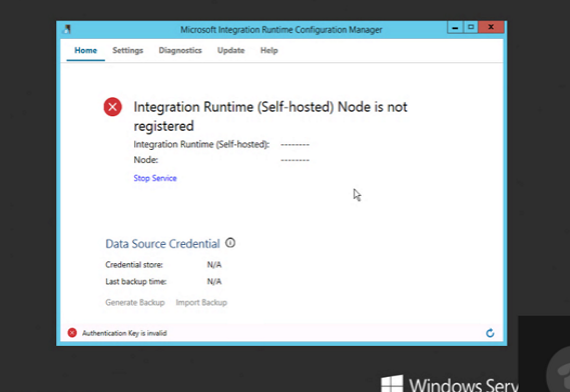 Snímek obrazovky s podoknem Configuration Manageru zobrazující zprávu, že uzel prostředí Integration Runtime není zaregistrovaný