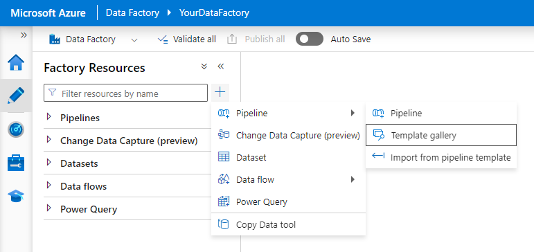 Snímek obrazovky znázorňující, jak otevřít galerii šablon na kartě Autor v nástroji Azure Data Factory Studio