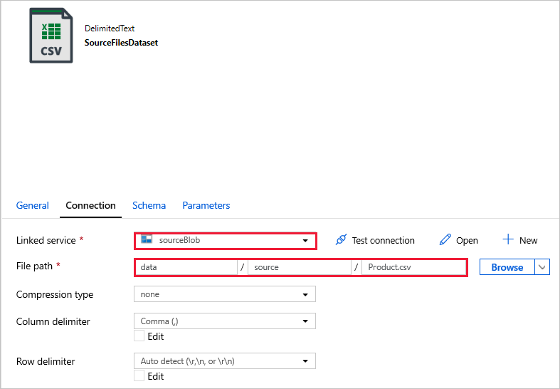 Výběry pro propojenou službu a cestu k souboru pro SourceFilesDataset