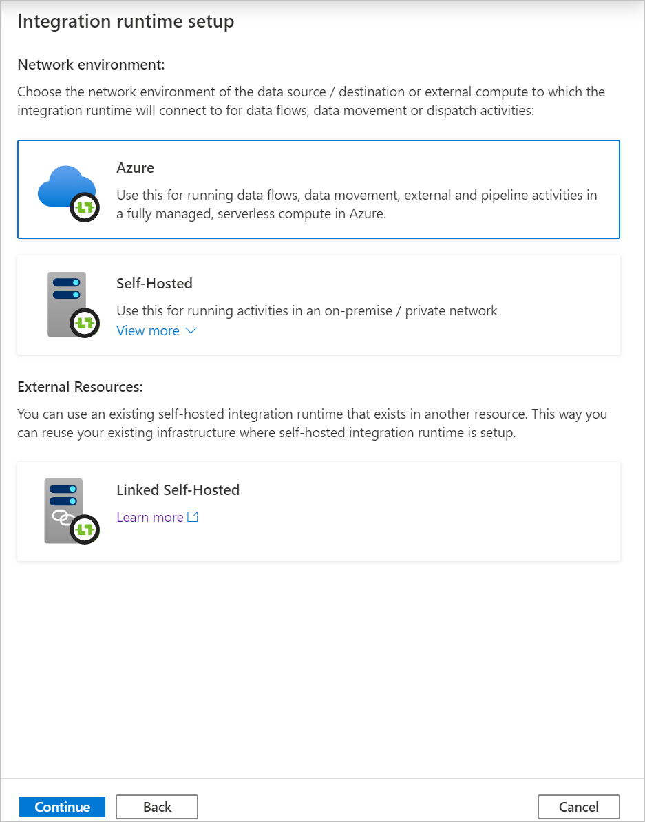 Snímek obrazovky znázorňující nový prostředí Azure Integration Runtime