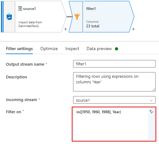 Snímek obrazovky znázorňující, kde přidat filtr ve sloupci Year pro datovou sadu