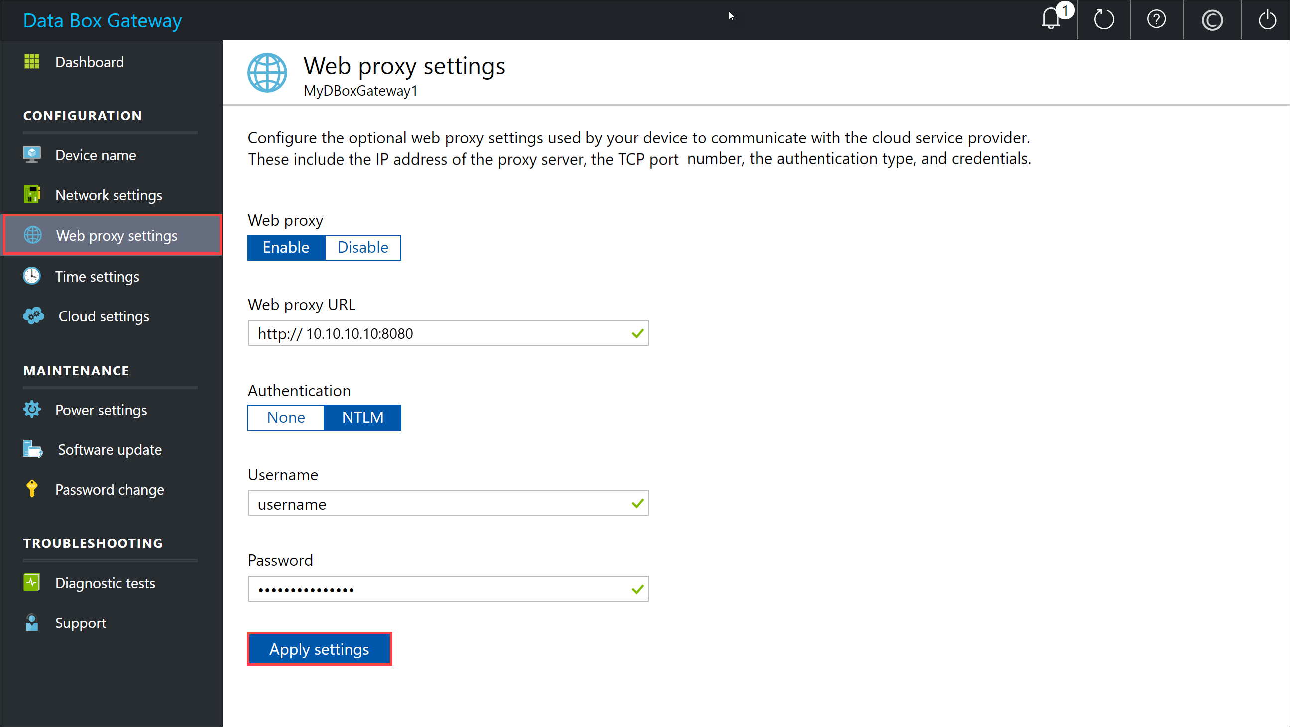 Stránka Nastavení webového proxy serveru v místním webovém uživatelském rozhraní