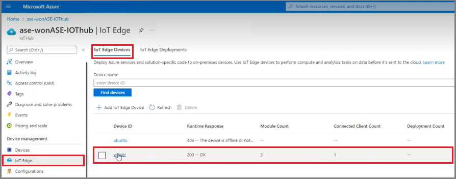 Snímek obrazovky webu Azure Portal, IoT Edge a zařízení IoT Hub