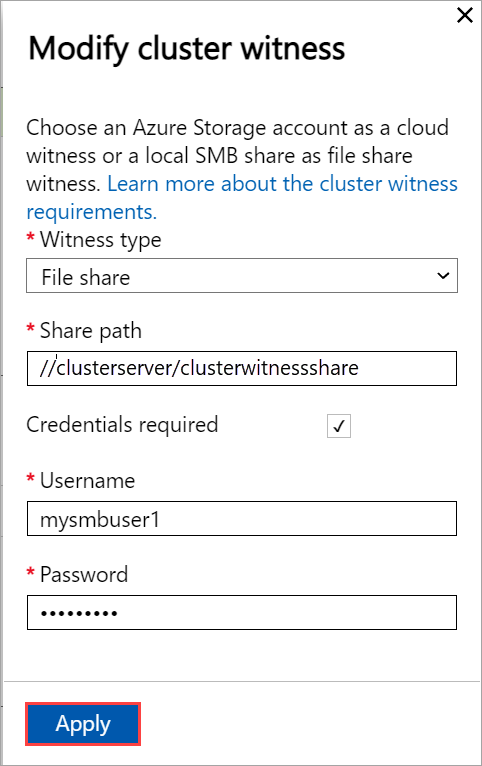 Screenshot of local web U I Cluster page with local witness type selected in the Modify cluster witness blade on first node.