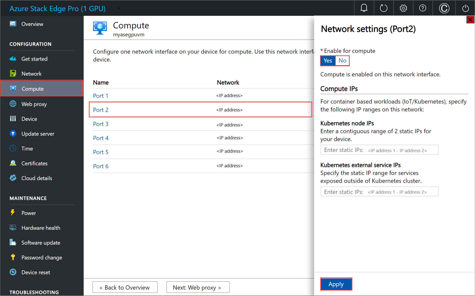 Snímek obrazovky s podoknem Výpočty pro zařízení Azure Stack Edge Nastavení výpočetních prostředků pro port 2 jsou zvýrazněná.