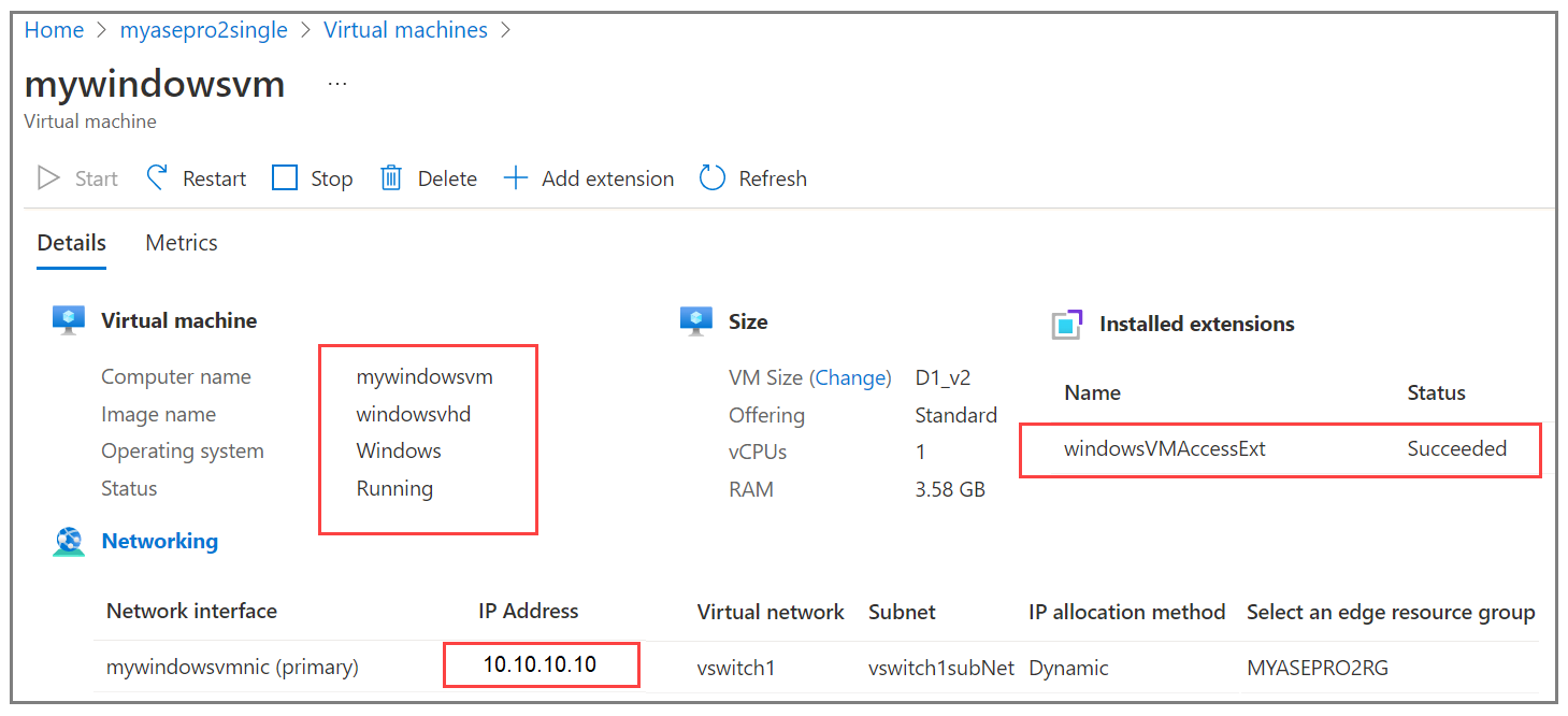 Snímek obrazovky s podoknem podrobností virtuálního počítače s popisky pro síťové rozhraní a nainstalovanými rozšířeními ve Windows