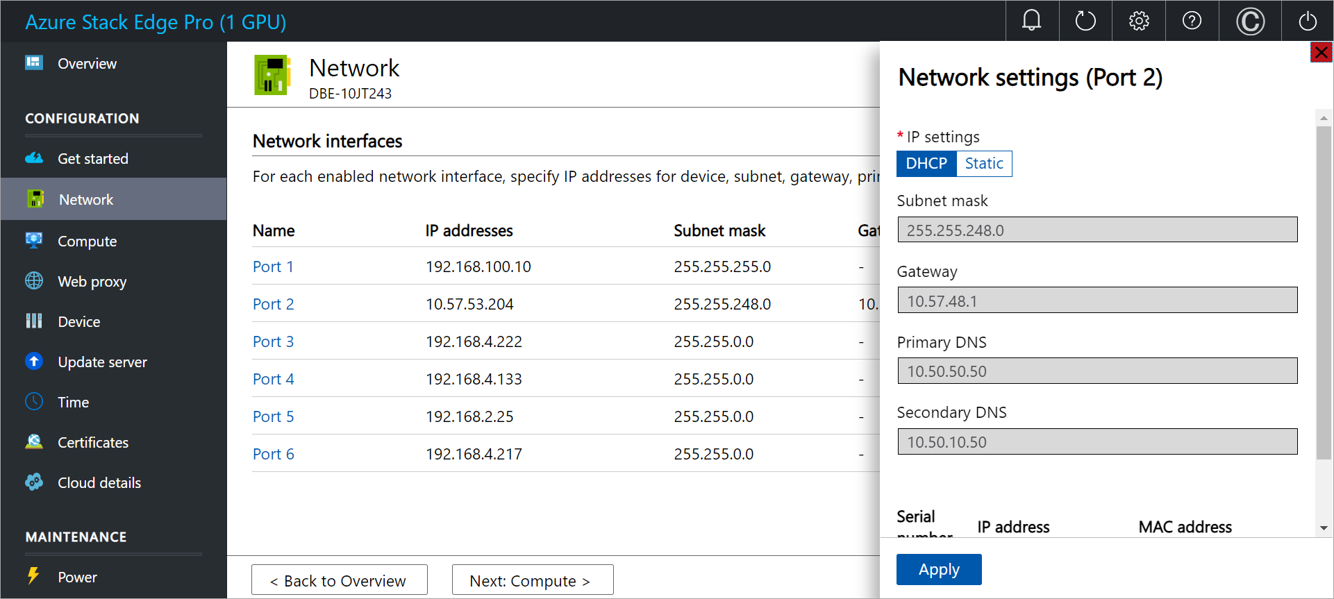 Snímek obrazovky se stránkou Síť pro zařízení Azure Stack Edge se zobrazeným nastavením sítě pro port 2