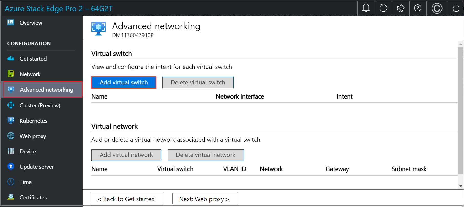 Snímek obrazovky se stránkou Pokročilé sítě v místním webovém uživatelském rozhraní zařízení Azure Stack Edge Tlačítko Přidat virtuální přepínač je zvýrazněné.