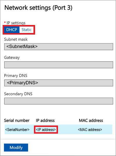 Snímek obrazovky s nastavením sítě port 3 v místním webovém uživatelském rozhraní zařízení Azure Stack Edge