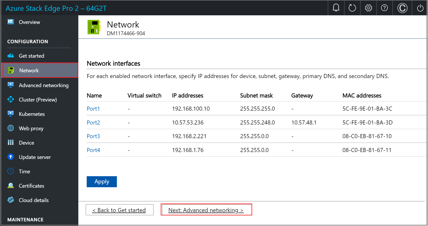 Snímek obrazovky se stránkou Síť v místním webovém uživatelském rozhraní zařízení Azure Stack Edge, jehož síť je nakonfigurovaná