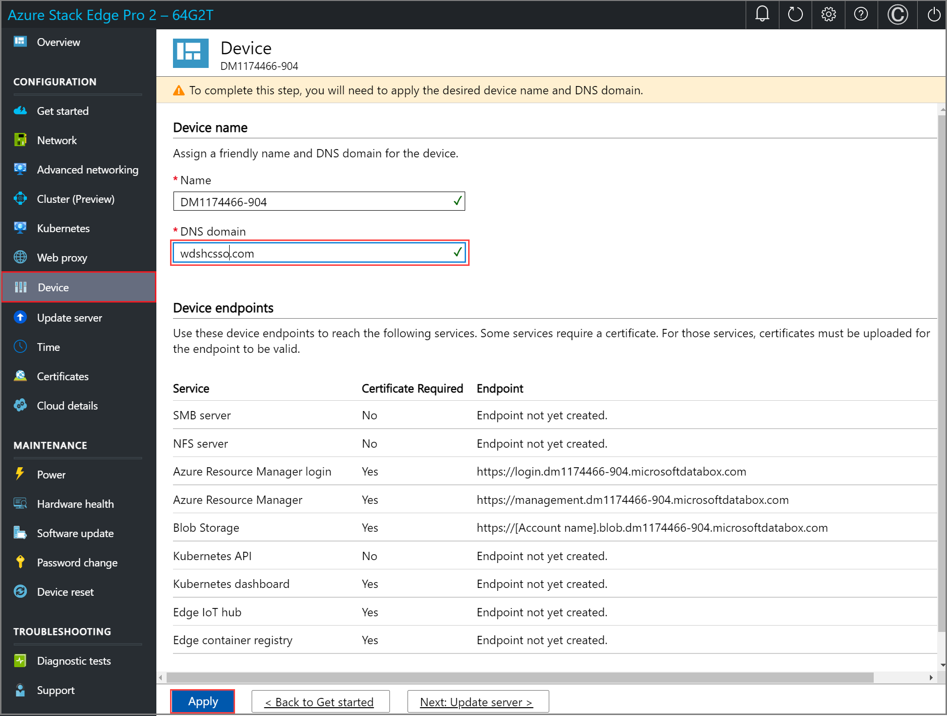 Snímek obrazovky se stránkou Zařízení v místním webovém uživatelském rozhraní zařízení Azure Stack Edge Tlačítko Použít je zvýrazněné.