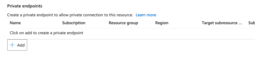 portálu Azure list privátních koncových bodů, zobrazený prázdný.