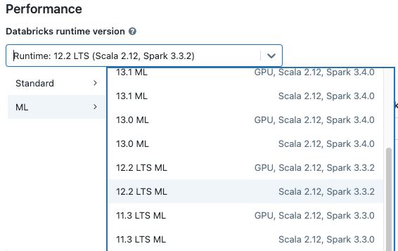 Zvolte Databricks Runtime ML