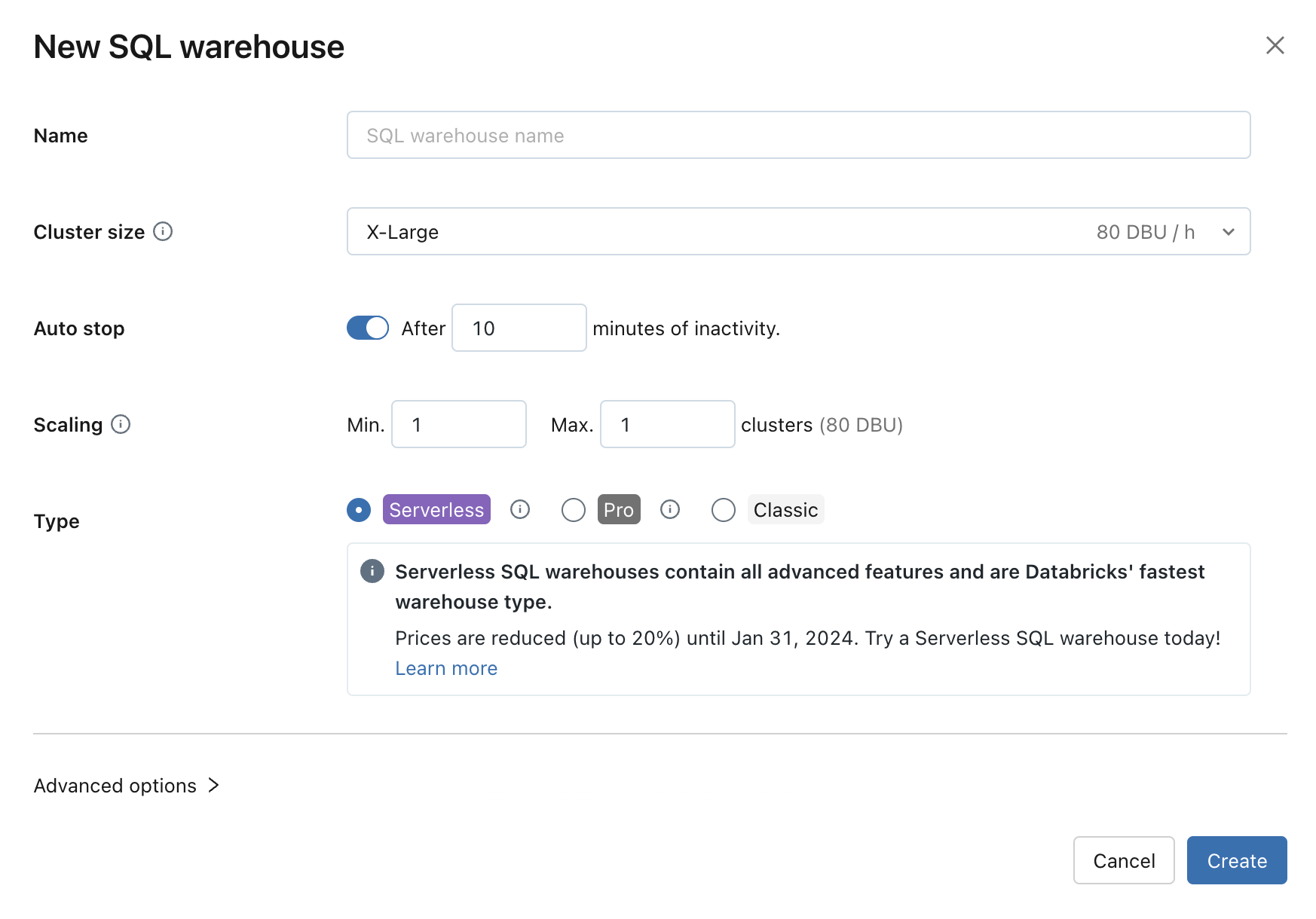 Výchozí konfigurace SQL Warehouse