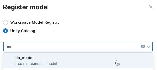 Dialogové okno Registrace verze modelu s rozevírací nabídkou