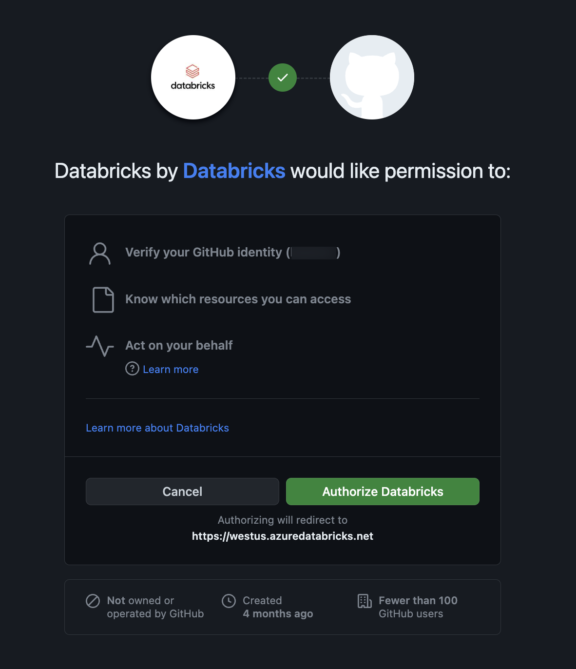 Stránka autorizace aplikace Databricks na GitHubu