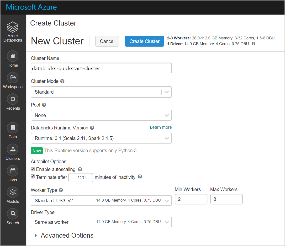 Vytvoření clusteru Azure Databricks