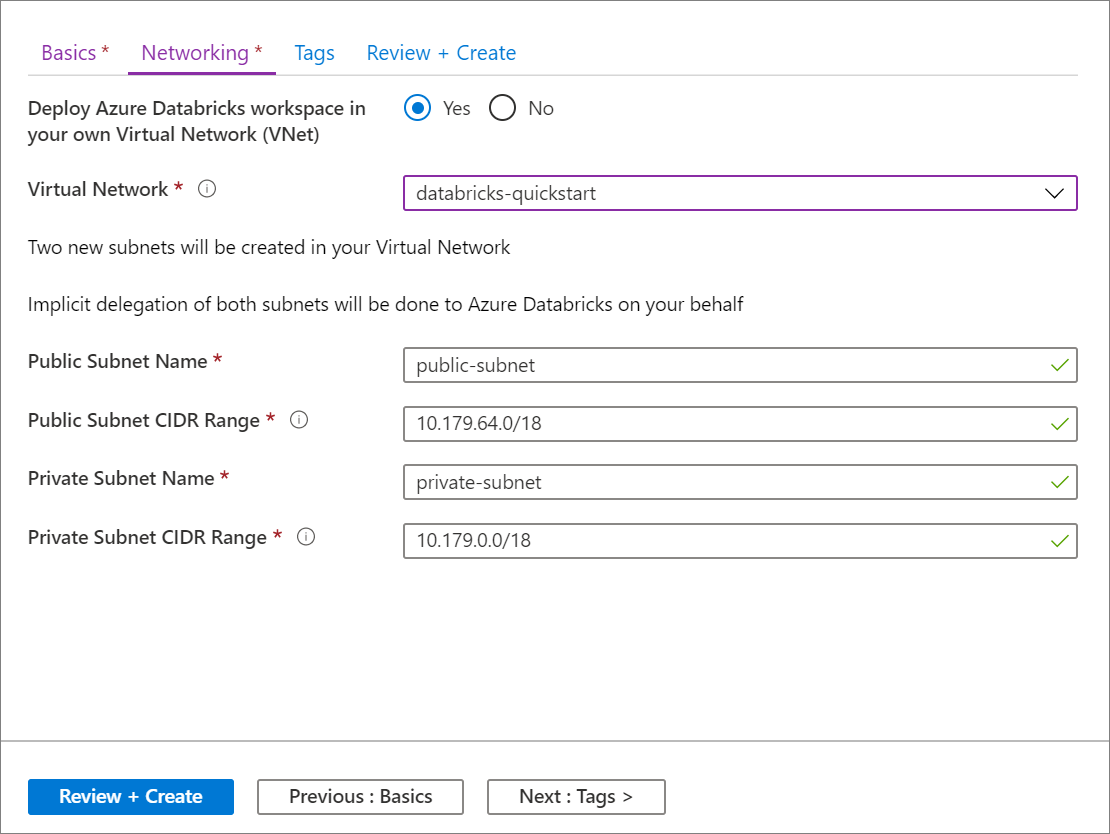 Přidání informací o virtuální síti do pracovního prostoru Azure Databricks na webu Azure Portal