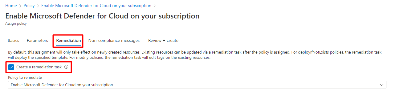 Snímek obrazovky, který ukazuje, jak vytvořit úlohu nápravy pro definici azure Policy Enable Defender for Cloud ve vašem předplatném