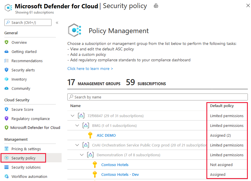 Stránka správy zásad ve službě Azure Security Center zobrazující výchozí přiřazení zásad