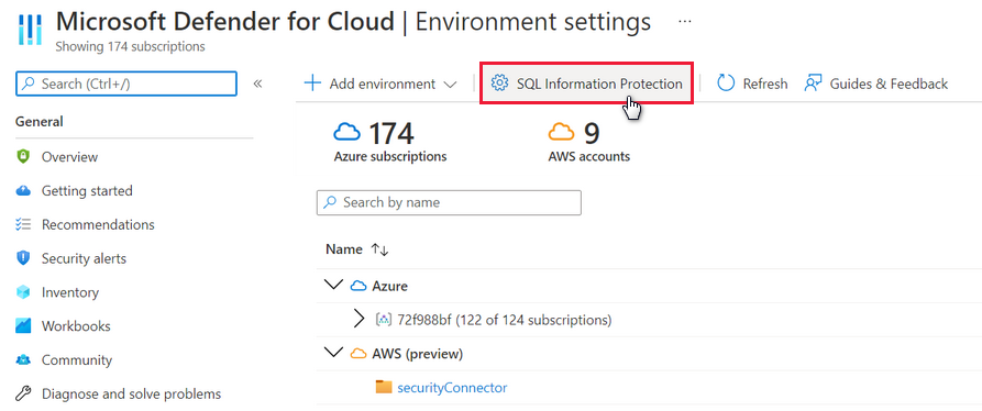 Přístup k zásadám SLUŽBY SQL Information Protection ze stránky nastavení prostředí v programu Microsoft Defender for Cloud