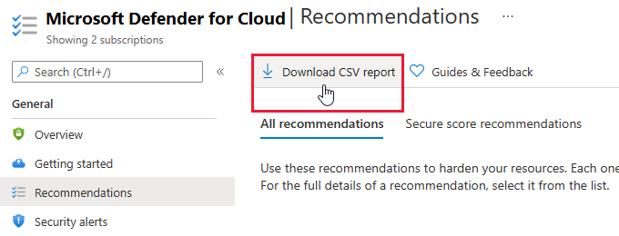 Tlačítko Stáhnout sestavu CSV ve službě Security Center pro export dat doporučení