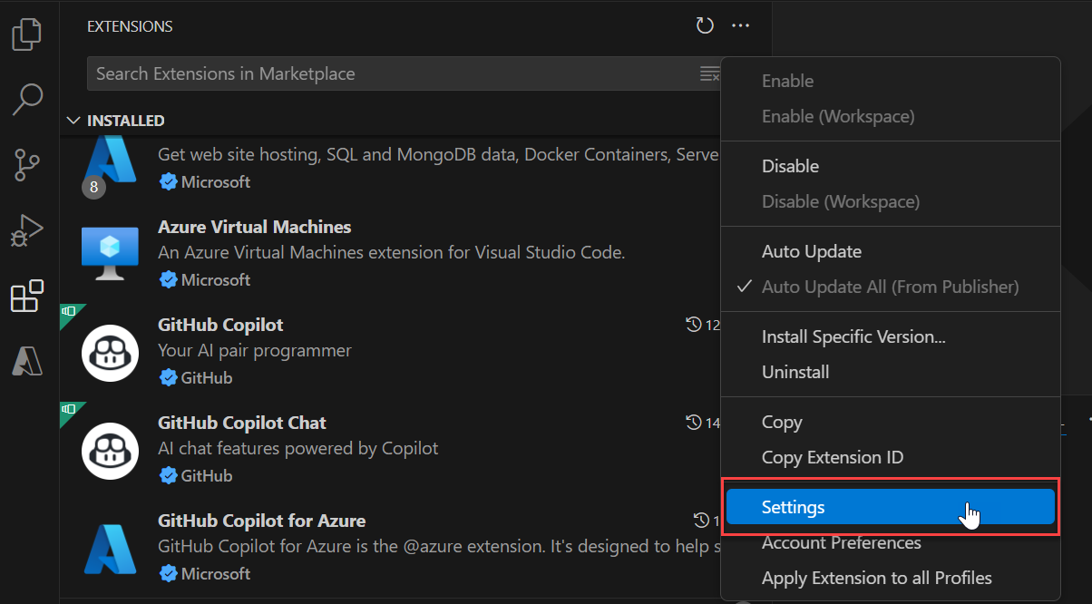 Snímek obrazovky znázorňující místní nabídku pro GitHub Copilot pro Azure