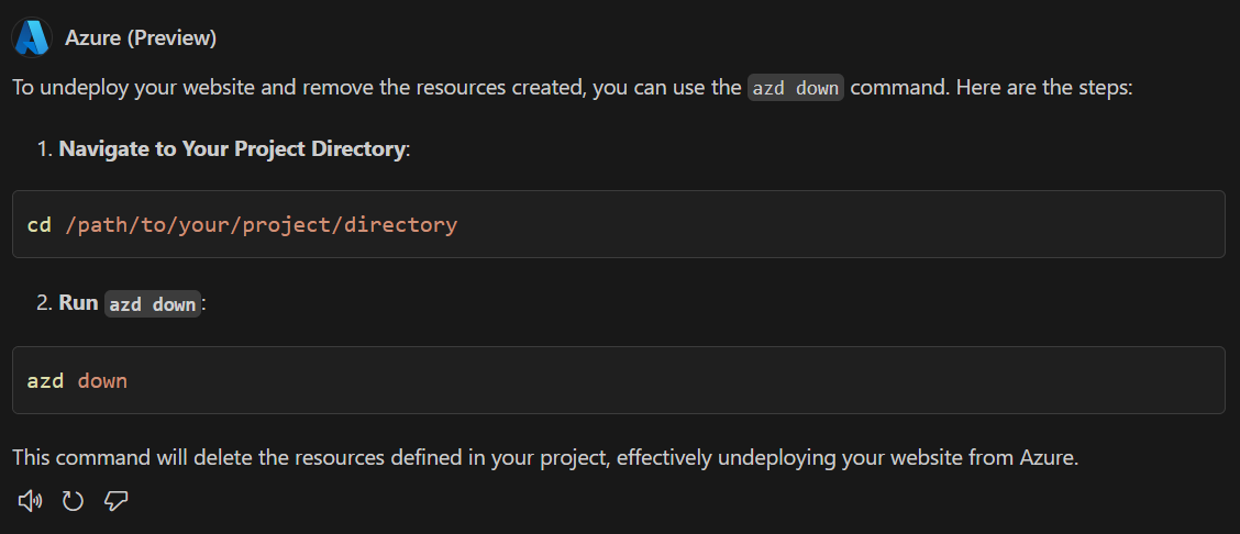 Snímek obrazovky znázorňující odpověď z GitHub Copilotu pro Azure s pokyny k zrušení nasazení webu