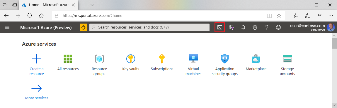 V horní nabídce na webu Azure Portal otevřete Cloud Shell.