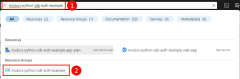 Snímek obrazovky s horním vyhledávacím polem na webu Azure Portal, kde najdete skupinu prostředků, ke které chcete přiřadit role (oprávnění).