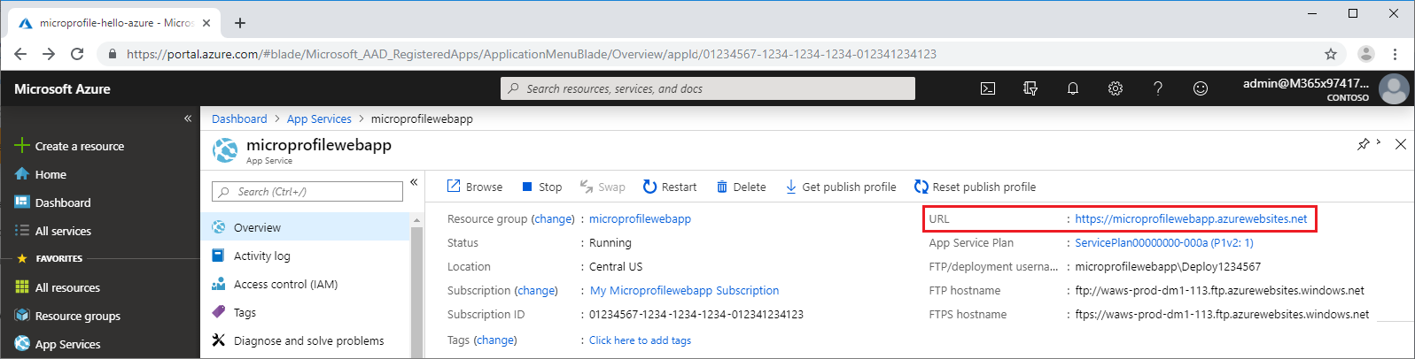 Aplikace App Service na webu Azure Portal