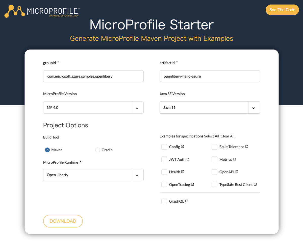 Snímek obrazovky s vybranou možností MicroProfile Starter s vybraným modulem Open Liberty runtime