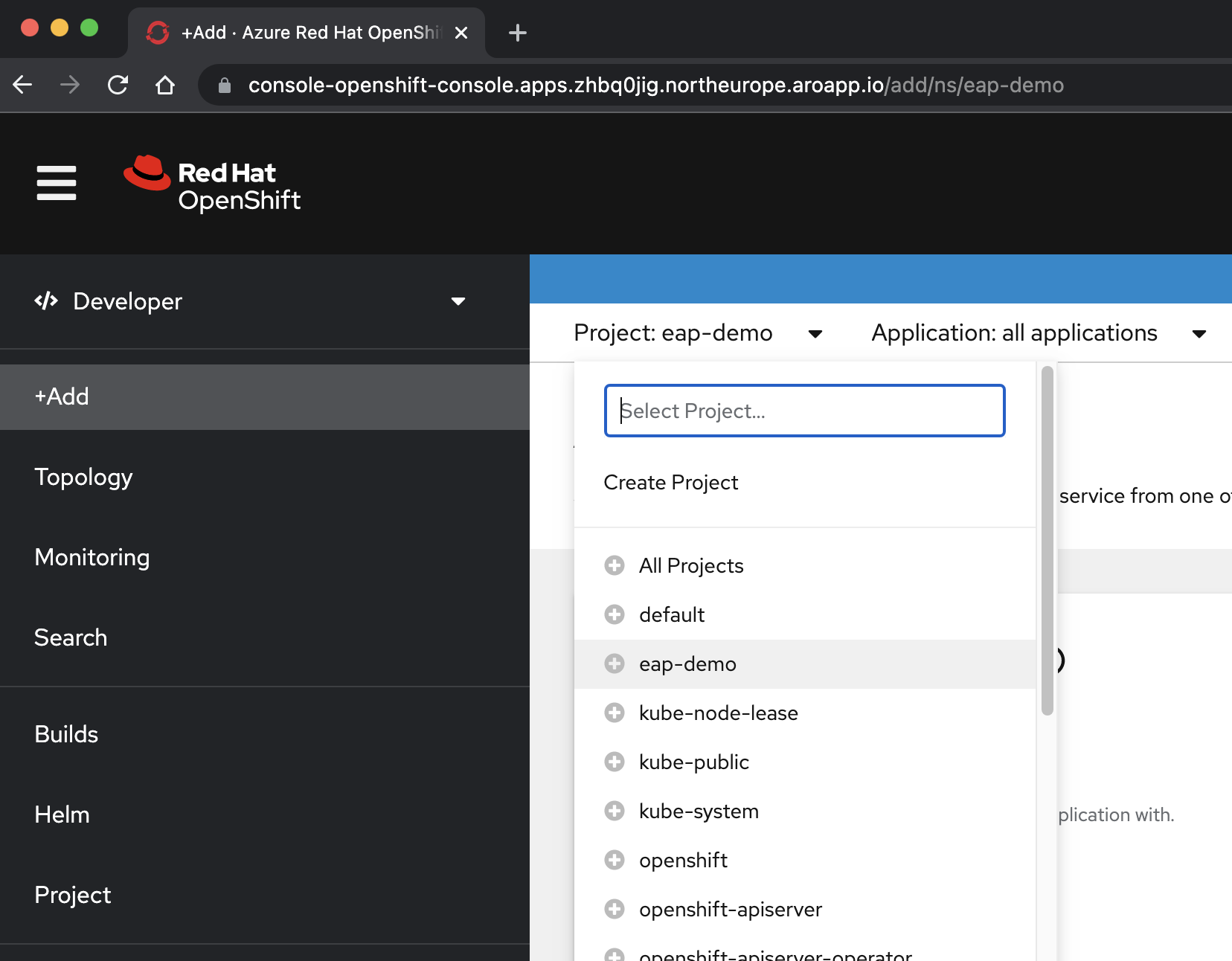 Snímek obrazovky se seznamem projektu konzoly OpenShift