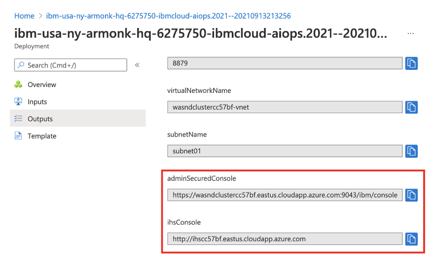 Snímek obrazovky se stránkou Výstupy nasazení clusteru na webu Azure Portal se zvýrazněnými poli adminSecuredConsole a ihsConsole