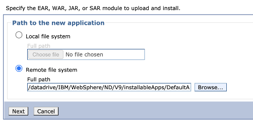 Snímek obrazovky s dialogovým oknem IBM WebSphere pro zadání modulu pro nahrání a instalaci