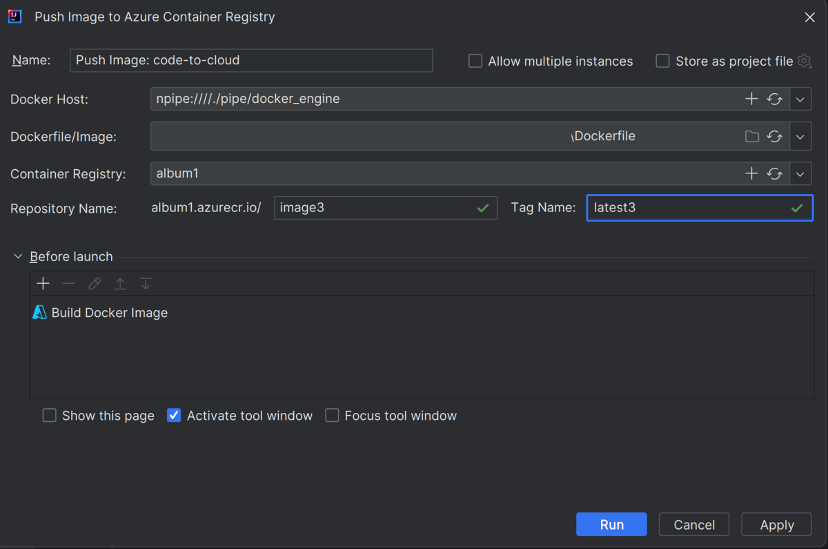 Snímek obrazovky Intelli J s dialogovým oknem Push Image do služby Azure Container Registry