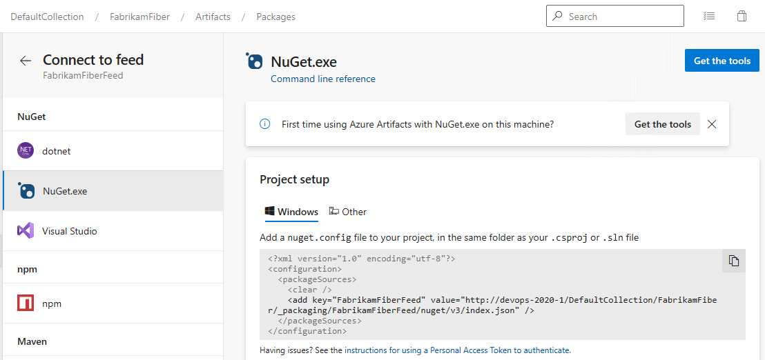 Snímek obrazovky s pokyny pro nastavení projektu NuGet v Azure DevOps Serveru 2020 a 2022