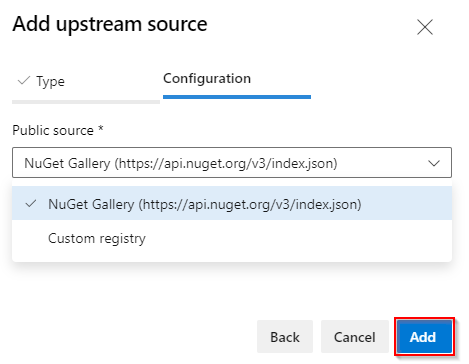 Snímek obrazovky znázorňující, jak přidat upstream NuGet