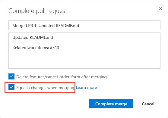 Snímek obrazovky s dialogovým oknem Dokončit žádost o přijetí změn a zaškrtněte políčko squash-merge.